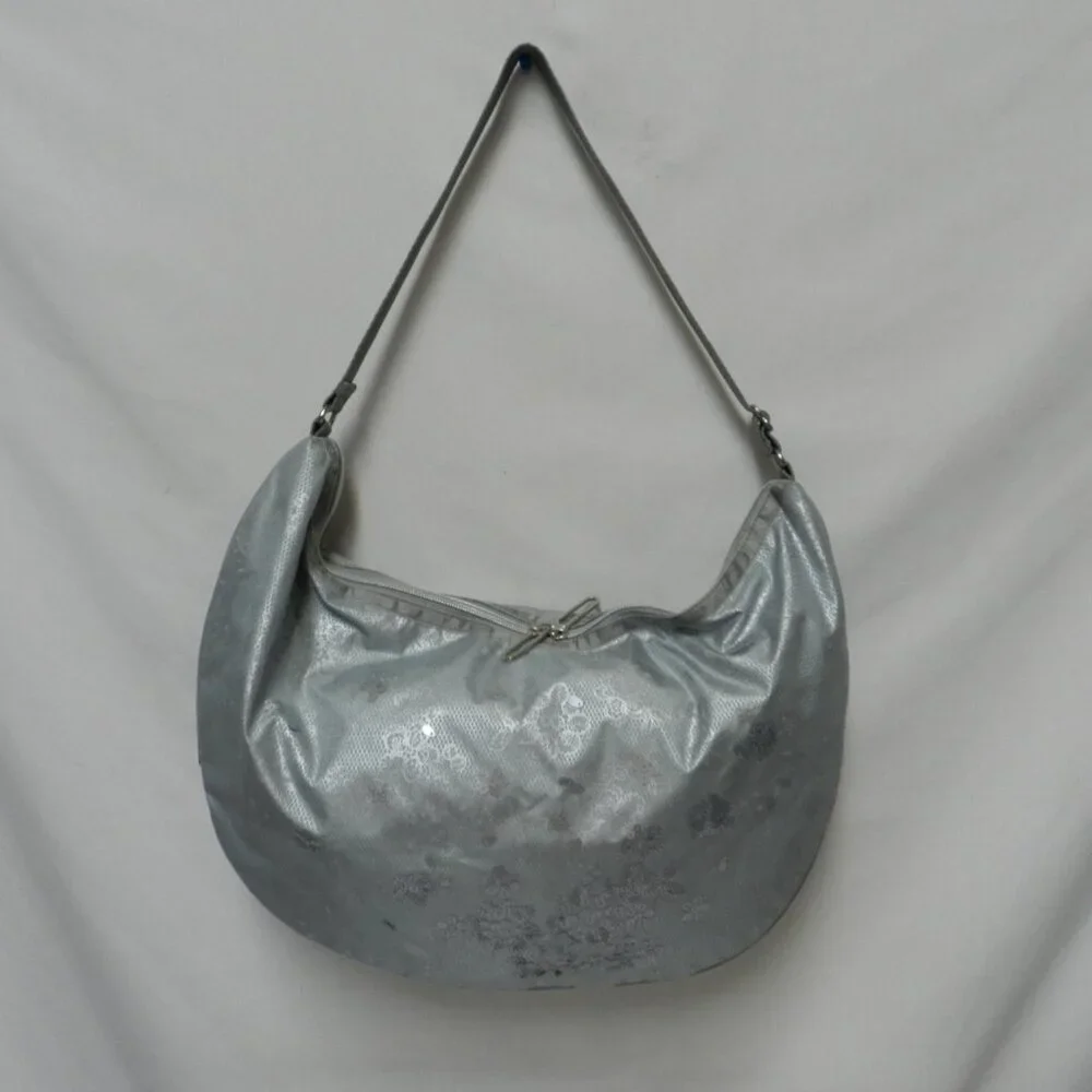 LeSportSac Sequin large Hobo bag purse zip top adjustable Expandable gray NEW